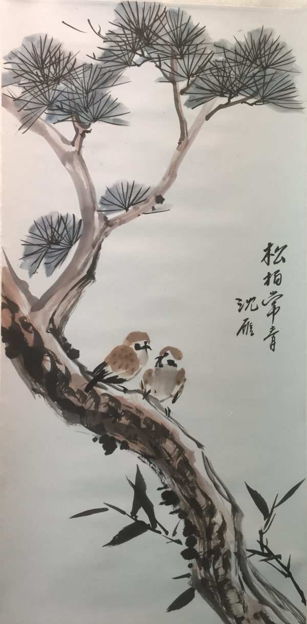 SY_CAP077_S_Longevity_松竹麻雀图_松柏长寿_83x38cm_$3000_Chinese ink on rice paper
