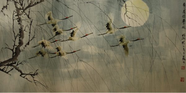 CYL_CB001_C_Cranes Flying at Night_鹤群夜飞行_67x133cm_$9300_Chinese ink on rice paper