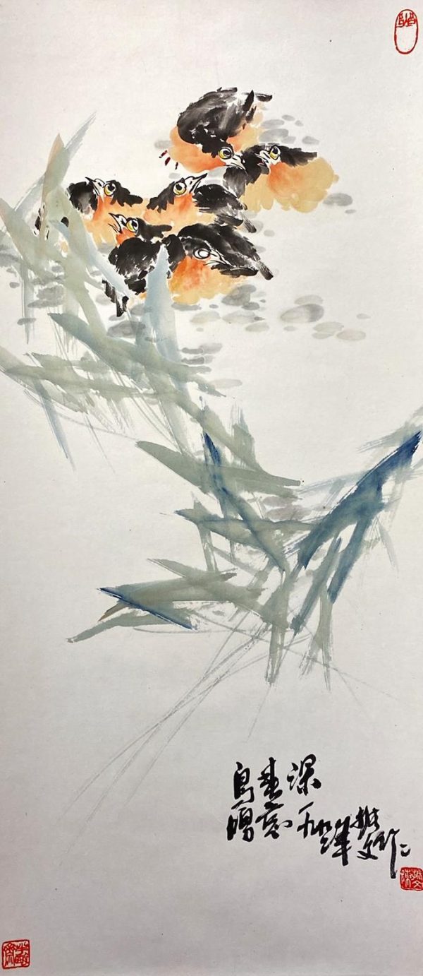 CZW_CAS003_C_晨曲_鸟鸣喜意深_84x38cm_$1800__Chinese ink on rice paper