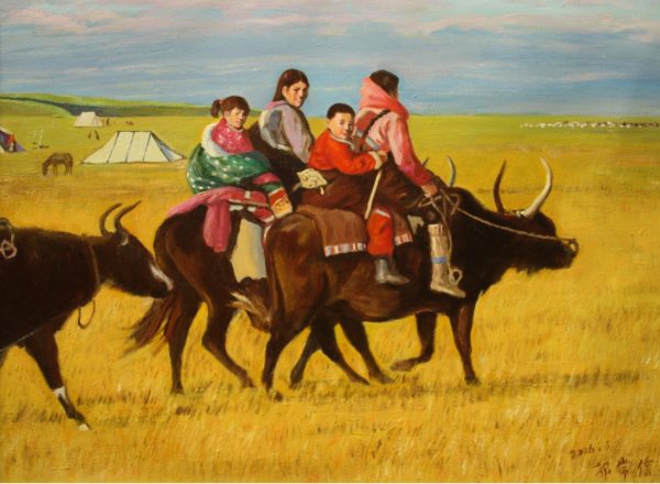 GCX_PA005_L_Childhood on a Bull_牦牛背上的孩子_60x80cm_$9600_Oil on canvas