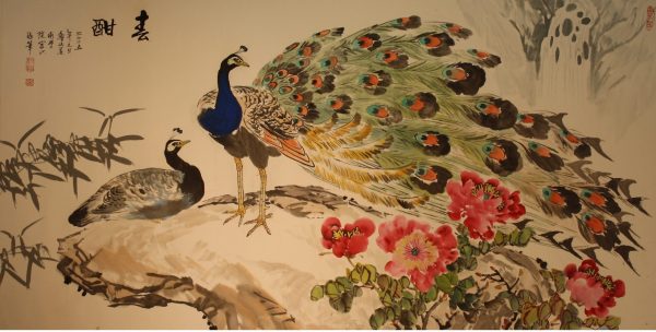 GXF_CB003_C_Peacocks and Peony_孔雀与牡丹_68x136cm_$8800__Chinese ink on rice paper GXF_CB003_C_Peacocks and Peony_孔雀与牡丹_68x136cm_$8800__Chinese ink on rice paper