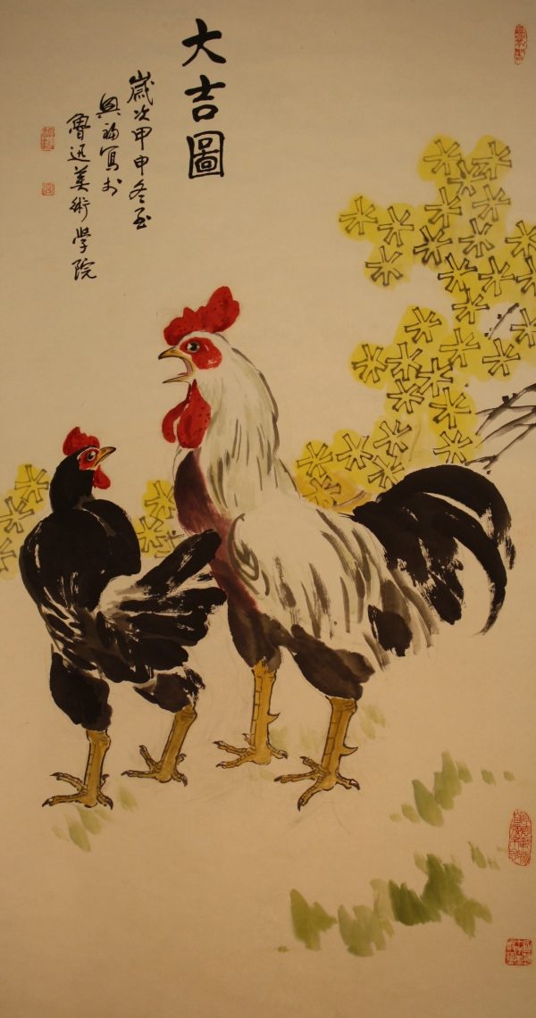GXF_CBS001_C_Winter Jasmine & Roosters_大吉_129x68cm_$8000_Chinese ink on rice paper