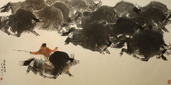MXG_CA001_C_Hirching the Ox_赶牛_68x137cm_$13800_Chinese ink on rice paper