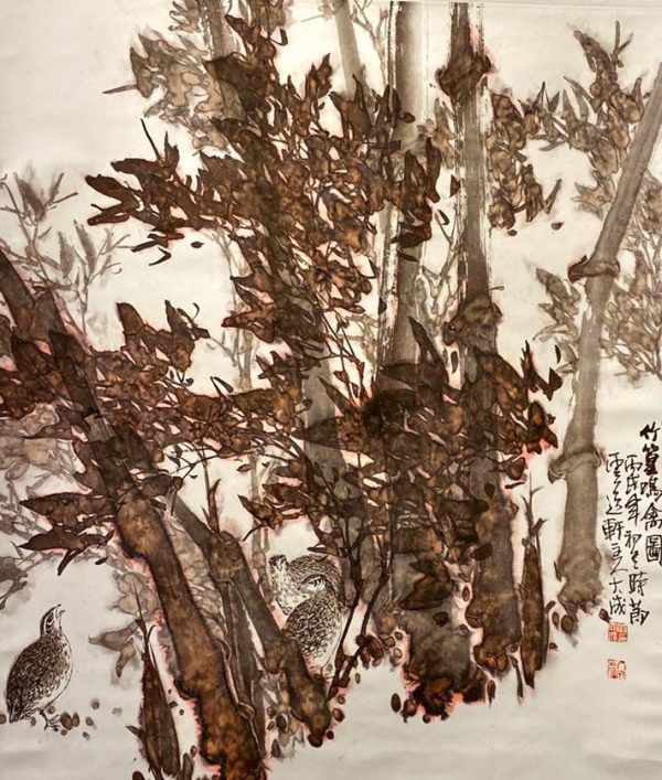 QDC_CL005_C_Bamboo Fungus Songbirds_竹笙鸣禽图_82x74cm_$3800_Chinese ink on rice paper