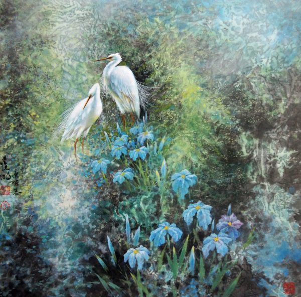 WHX_CBS001_Two White Heron_白鹭双依_67x68cm_$4600_轴_Chinese ink on rice paper WHX_CBS001_Two White Heron_白鹭双依_67x68cm_$4600_轴_Chinese ink on rice paper