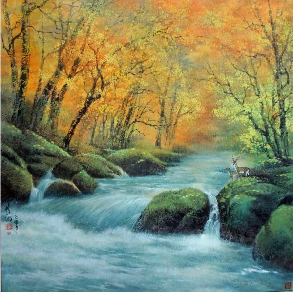 WHX_CL002_C_Deers in the Creek_秋溪双鹿_88x88cm_$4500_Chinese ink on rice paper