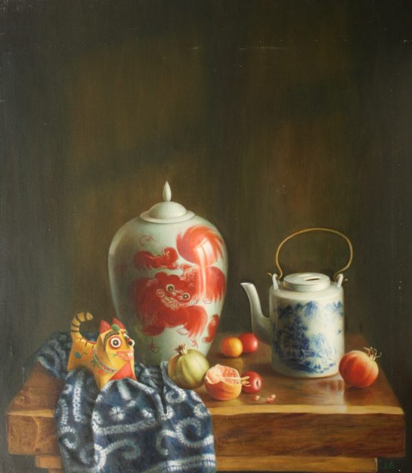 WY_SL010_C_Red lion Vase_红狮与花瓶_78x91cm_$7000_Oil on canvas