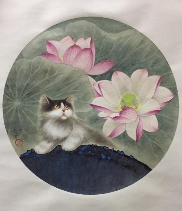 ZWC_CFA007_C_Pink Lotus & Cat_粉荷小猫_46cm_圆片_$3300_Chinese ink on rice paper