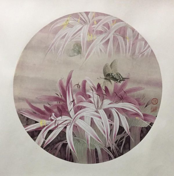 ZWC_CFA010_C_Daylily_忘忧草双碟_46cm_圆片_$3300_Chinese ink on rice paper ZWC_CFA010_C_Daylily_忘忧草双碟_46cm_圆片_$3300_Chinese ink on rice paper