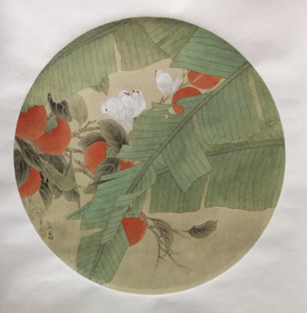 ZWC_CFA014_C_Banana Persimmon tree & White bird_芭蕉柿子树白鸟__45cm_圆片_$3300_Chinese ink on rice paper