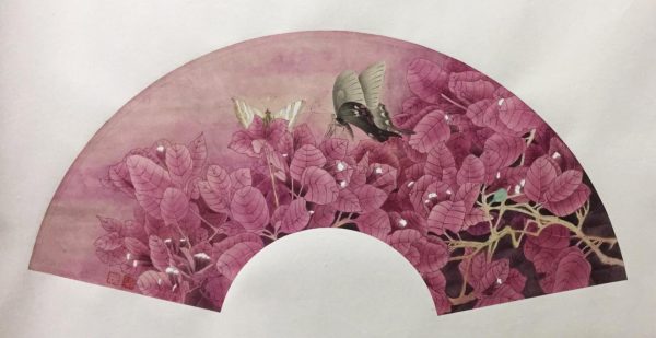 ZWC_CFA032_C_Triagle Plum & Butterfly_三角梅双碟_26x55cm_扇面_$4300_Chinese ink on rice paper