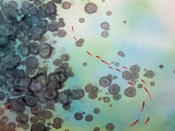 ZZA_CF004_C_Duckweed and Fishes_浮萍小鱼_45x60cm_$2800_Chinese ink on Rice Paper