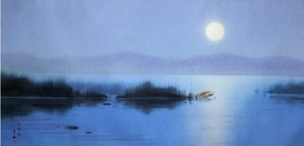 ZZA_CL017_C_A boat on a moonlit night_月夜一舟_66x133cm_$8600_Chinese ink on Rice Paper