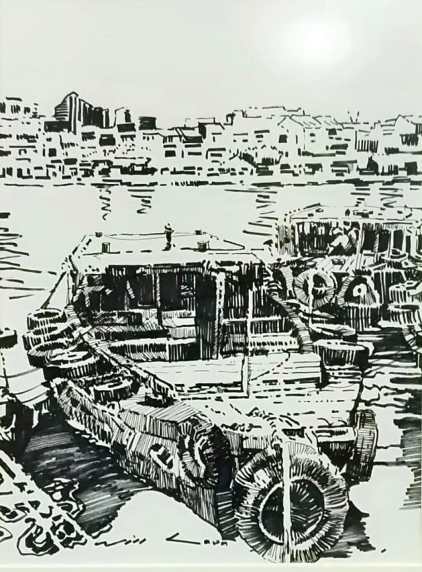 NWL_SK003_M_Boats Dock_39x29cm_$500_Pen drawing