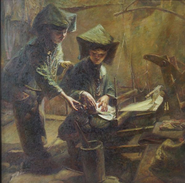 HWC_P016_C_Miao's Weaving Girls_苗家织女_100x100cm_$8800_Oil on canvas