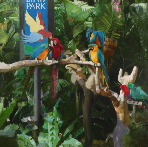 WBD_SS012_C_Parrots at Bird Park_林园鹦鹉_80x80cm_$3200_Oil on canvas