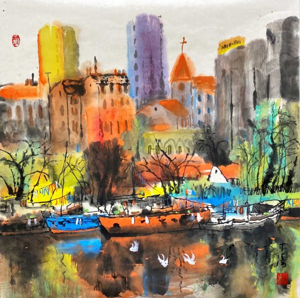 DT_CL004_C_Town scene_小镇风光_69x69cm_$1800_Chinese ink on rice paper