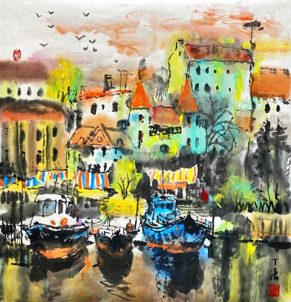 DT_CL007_C_Small town in France_法国小镇_69x69cm_$1800_Chinese ink on rice paper