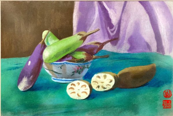 LPK_SL005_S_Brinjal & Lotus Root_茄子与莲藕_33x50cm_$800_Pastel on paper