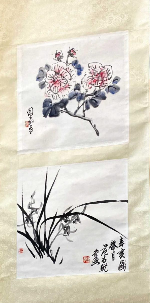 FCQ_CP003_S_Hibiscus & Orchid_芙蓉花与兰花_34x32cmx2_$5000_Chinese Ink on rice paper