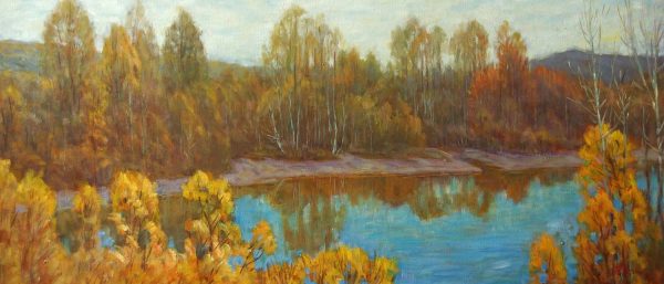 GYM_L015_C_Autumn of Bi's Lake_碧湖秋韵_$4500_40x106cm_Oil on canvas