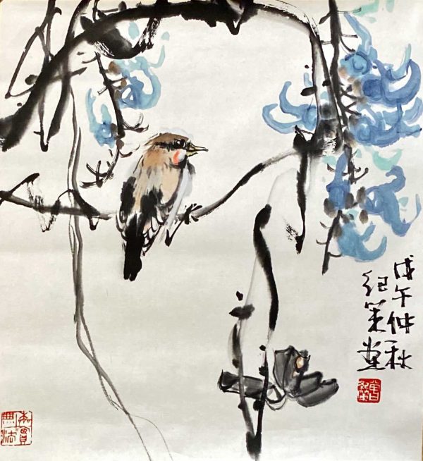 ZJC_CFA008_S_Wisteria _ bird_紫藤小鸟_35x35cm_$1600_Chinese ink on rice paper