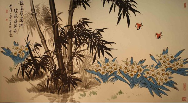 GXF_CFA001_C_Narcissus Bamboo & Sparrow_竹子水仙和鸟_96x172cm_$13600_Chinese ink on rice paper