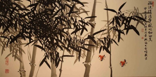 GXF_CFA006_C_Ink Bamboo with Bird_墨竹与鸟_68x136cm_$8000_Chinese ink on rice paper