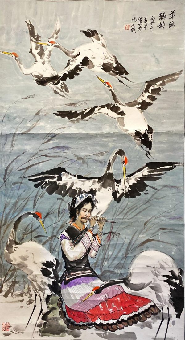JRY_CPS003_C_Grass Sea & Crane_草海鹤韵_177x95cm_$16800_Chinese ink on rice paper