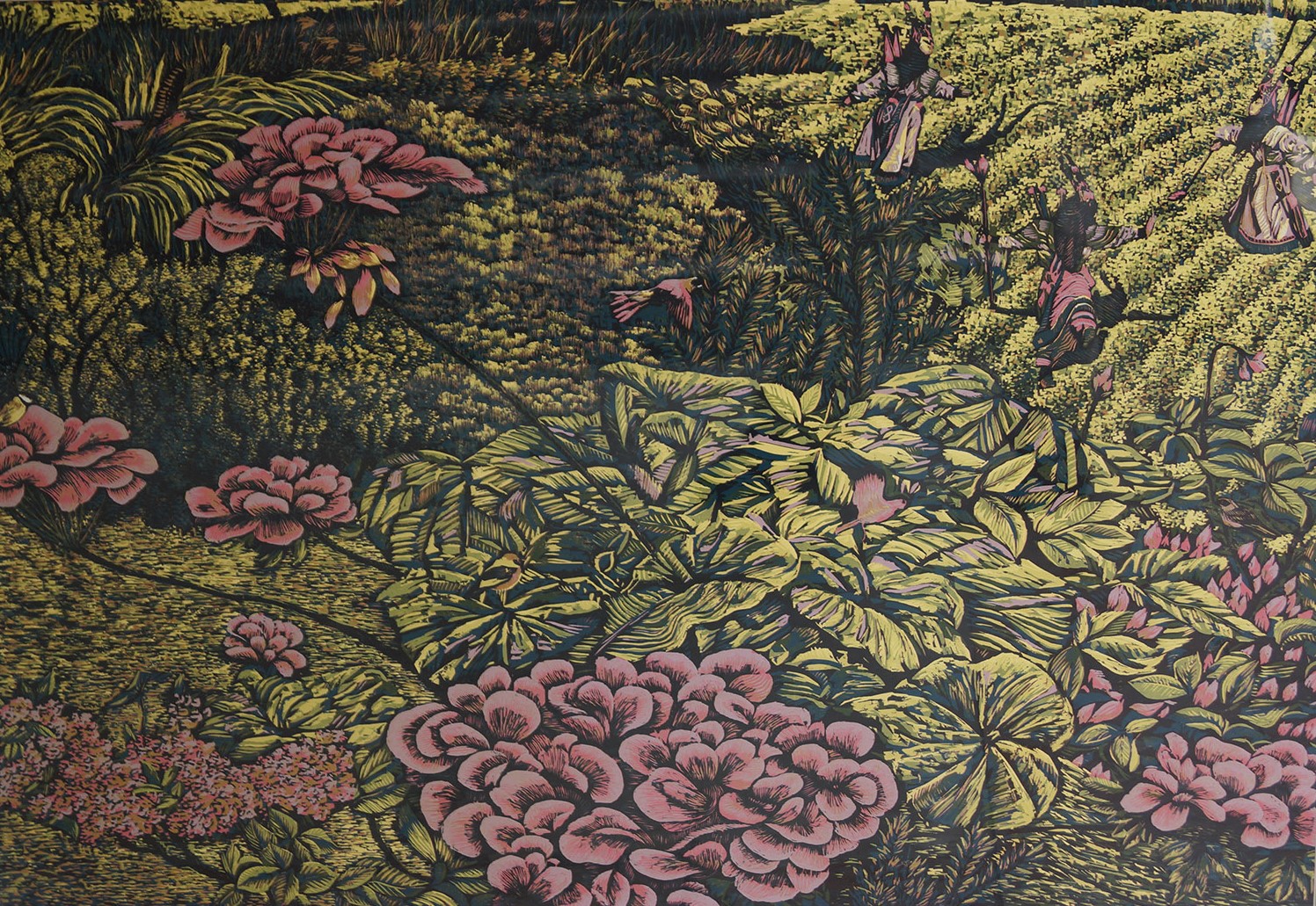 ZSW_WDC004_C_Bright mountain flowers in full bloom_烂漫山花_70x100cm_$5000_Out of print colour Woodcut_绝版套色木刻