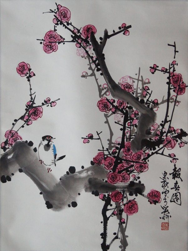 HZG_B086_C_Primrose Diagram_报春图_红梅单鸟_67x50cm_$3500